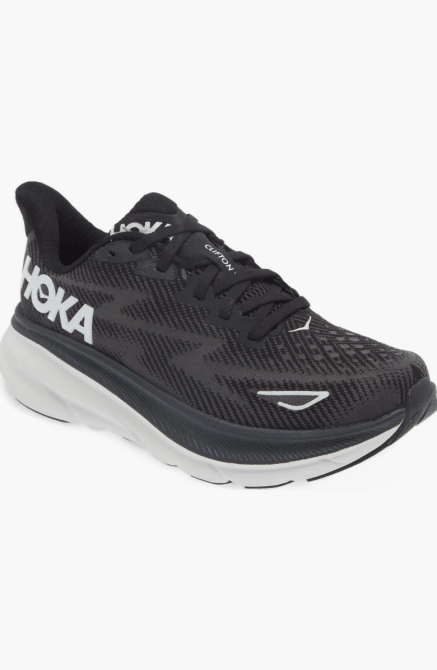 Hoka Clifton 9 Running Shoe in black and white colorway