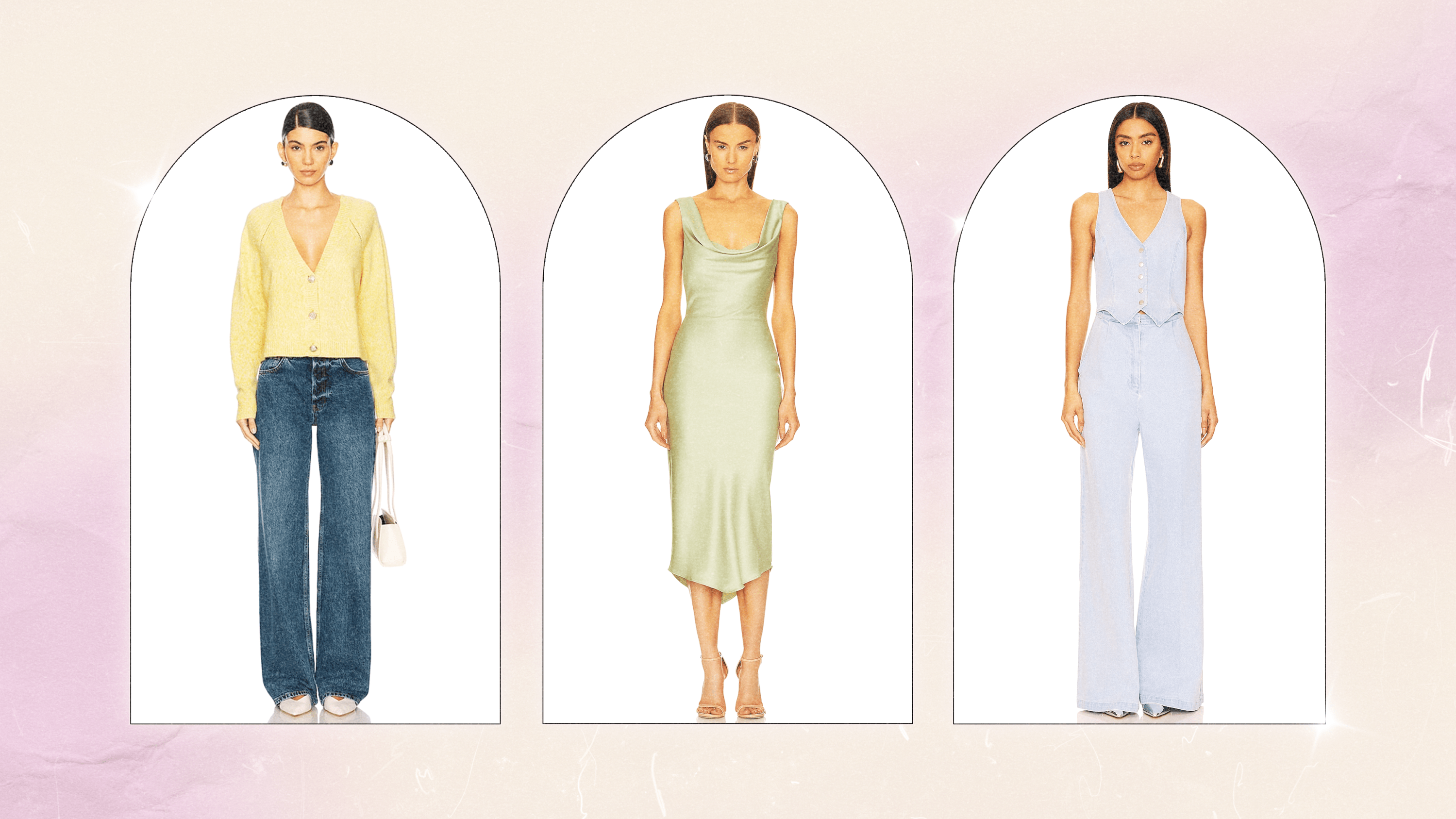 Left to Right: a Revolve model wearing a yellow cardigan sweater with dark wash jeans; a Revolve model wearing a light green slip midi dress; a Revolve model wearing a light wash denim jumpsuit.