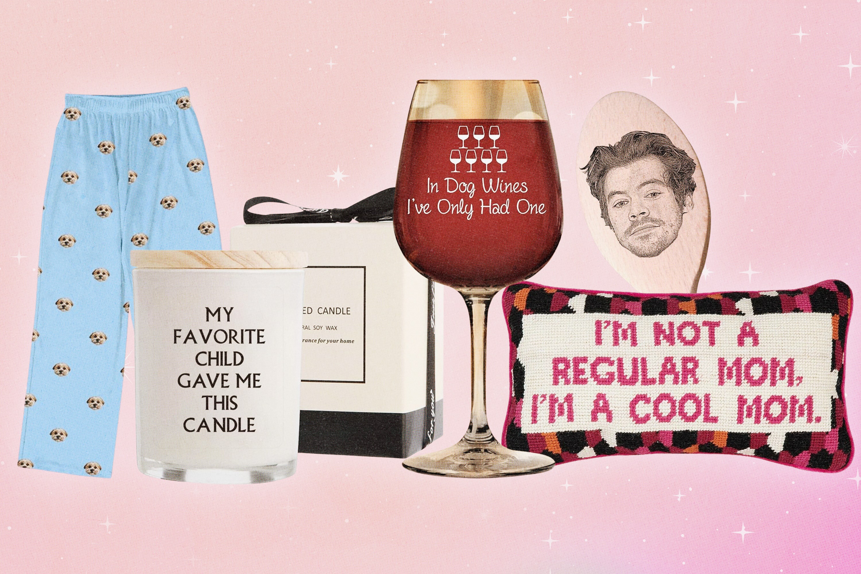 A collage of various items including pajama pants, a candle, a wine glass, pillow, and spoon.