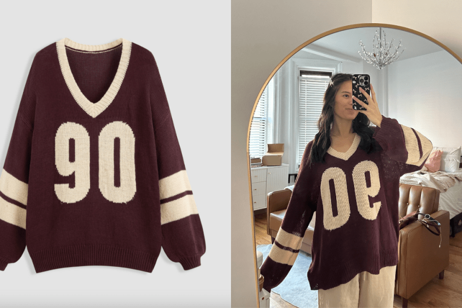 Kaili is wearing Cider's Knit V-Neck 90 Contrasting Binding Sweater in Brown.