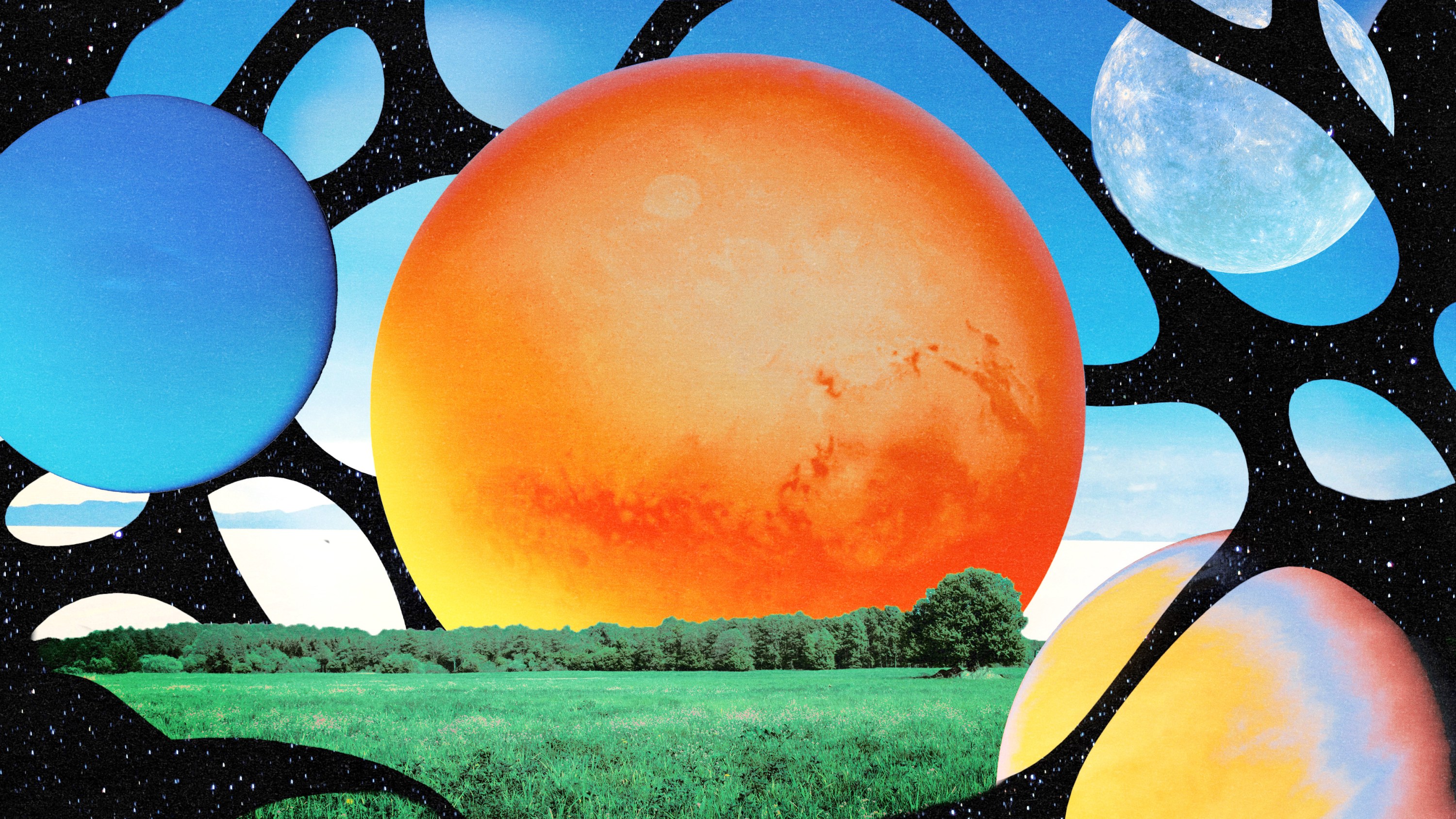 A few planets rising over a grassy field with a dark outer space background interspersed with a blue sky background