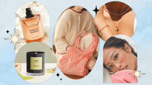 PHLUR Missing Person perfume bottle; EMME Matcha Cande; a model sitting and holding the Good Totes Reusable Egg Bag in Red Gingham; a model wearing a Rellery heart necklace and matching bracelet; a model wearing COVRY rose gold glasses.