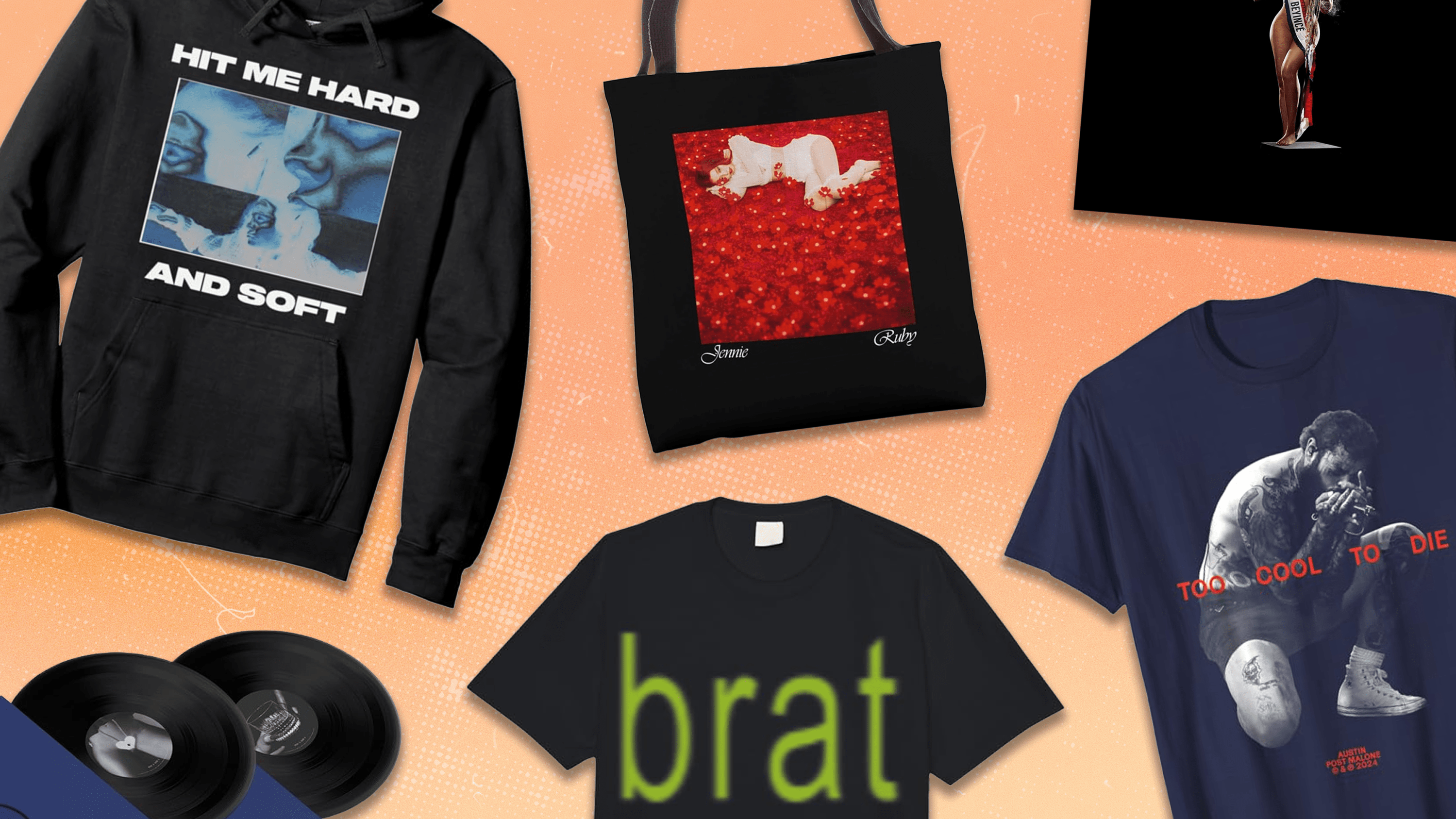 A Billie Eilish Hit Me Hard And Soft black hoodie sweatshirt, a Beyoncé Cowboy Carter black vinyl record, a JENNIE black and red tote bag, a Charli xcx black and green "Brat" T-shirt, a Beyoncé Cowboy Carter audio CD, and a dark blue Post Malone Too Cool to Die T-shirt.