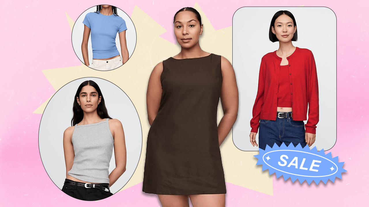 Four models wearing GAP tee shirts, tank tops, shift mini dresses, and cardigans