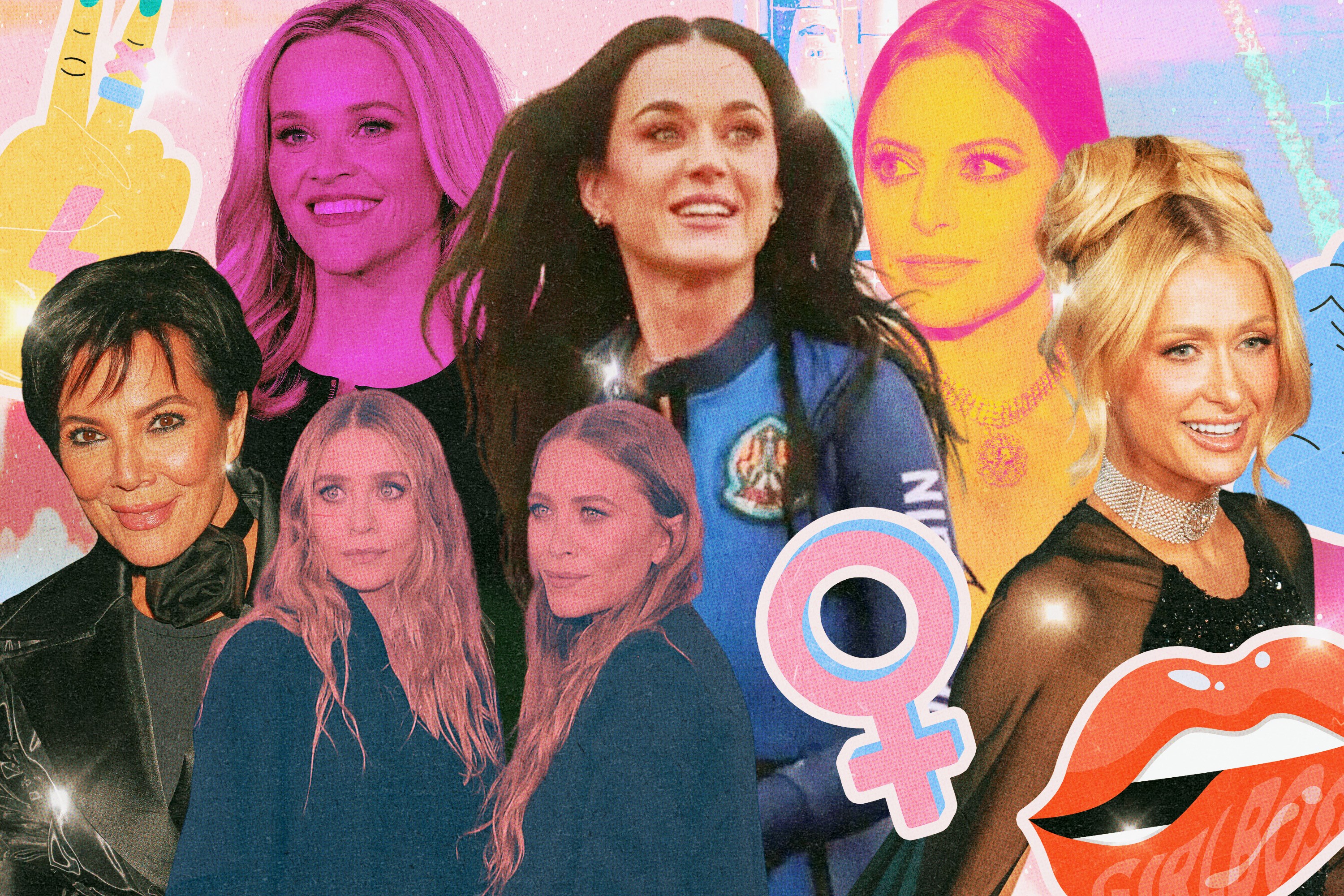 A collage of famous girlboss feminists, including Katy Perry, Kris Jenner, and Paris Hilton.