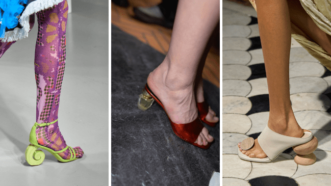 sandals on the spring/summer 2025 runways of Shuting Qiu, Versace, and Uma Wang