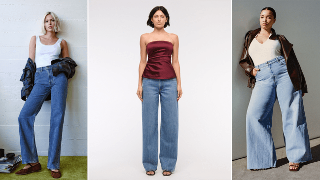 Three models wearing Abercrombie & Fitch jeans and clothing