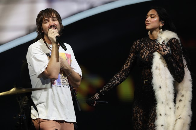 SYDNEY, AUSTRALIA - MARCH 28: (EXCLUSIVE COVERAGE) Dua Lipa performs alongside Kevin Parker of Tame Impala as part of her Radical Optimism Tour at Qudos Bank Arena on March 28, 2025 in Sydney, Australia.