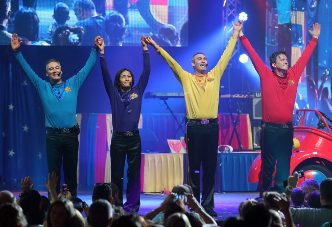 SYDNEY, AUSTRALIA - DECEMBER 23:  Jeff Fatt, Anthony Field, Greg Page and Murray Cook of The Wiggles perform on stage during The Wiggles Celebration Tour at Sydney Entertainment Centre on December 23, 2012 in Sydney, Australia. This concert is the final time the original members of The Wiggles will perform on stage together as Greg, Murray and Jeff are retiring.