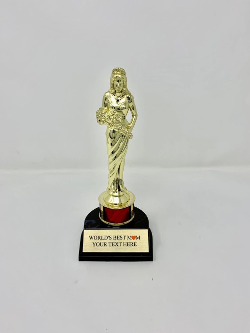 A gold trophy with the text 'World's Best Mom'