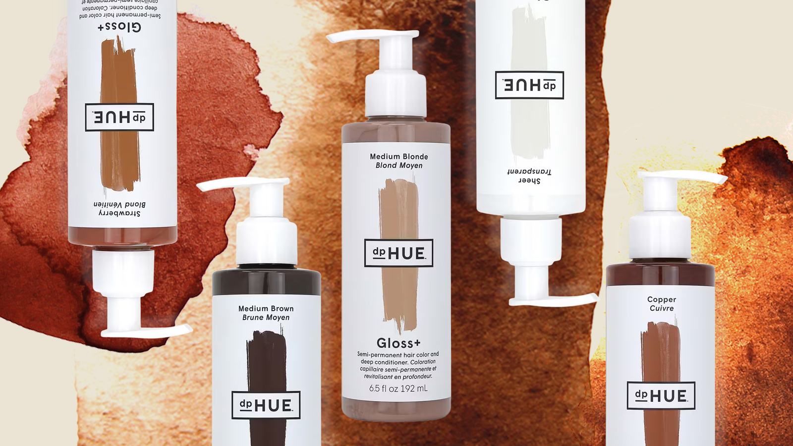 dpHUE Gloss+ bottles on a watercolor background