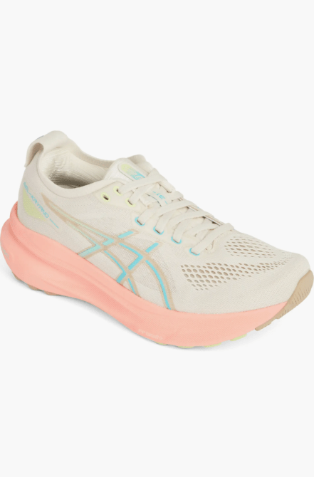 Asics GEL-KAYANO 31 Running Shoe in birch, light pink, and aqua blue