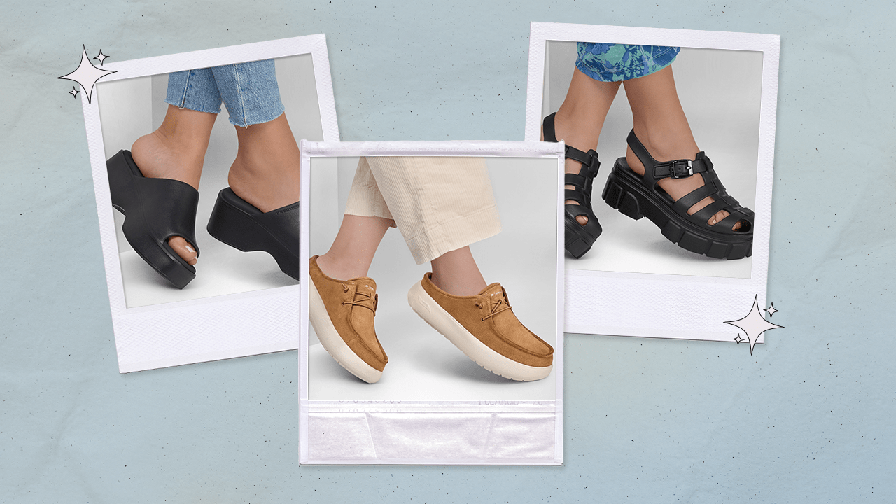 Three zoomed in shots of models wearing Skechers shoes