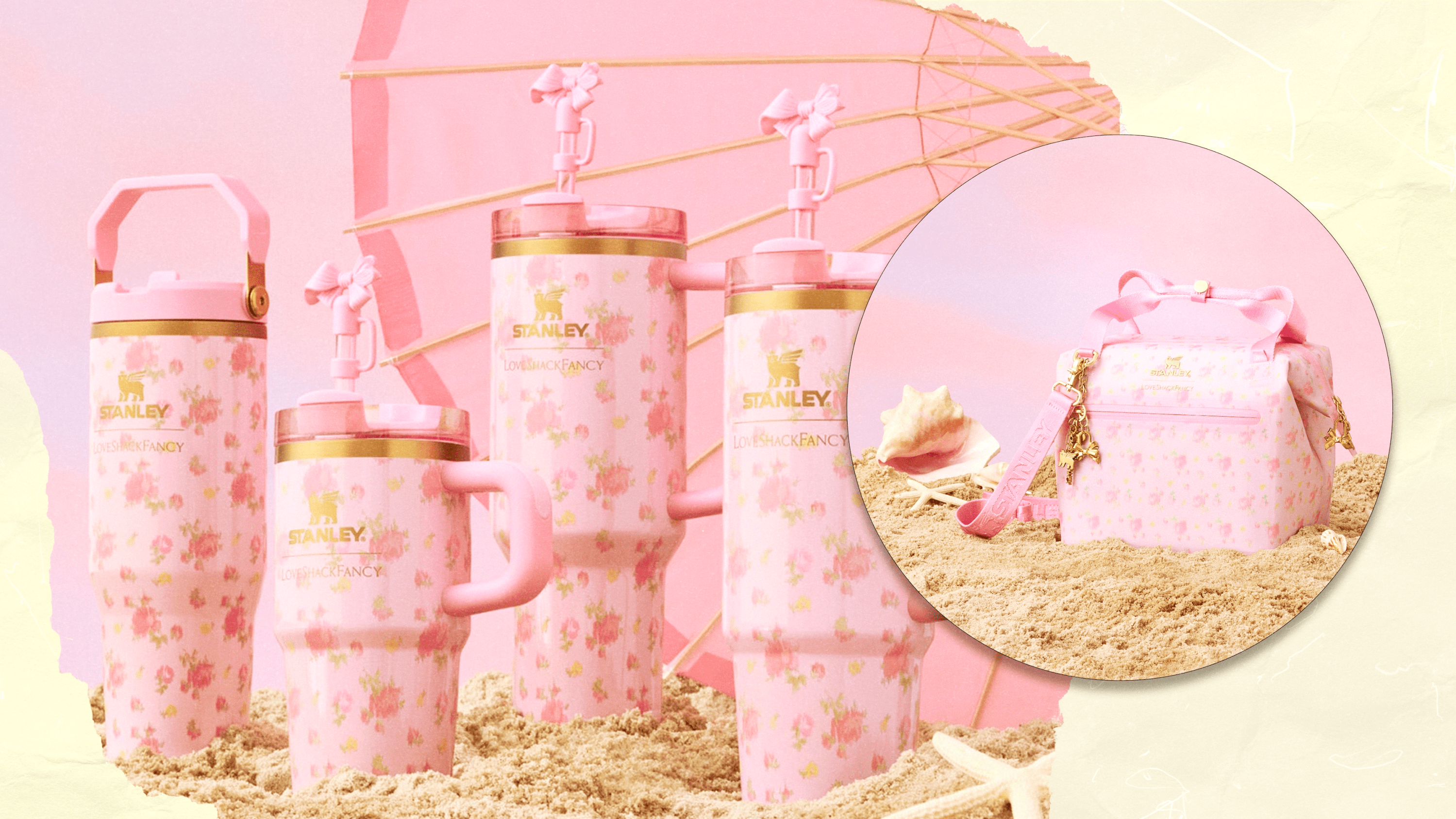 Left: Four Stanley x LoveShackFancy tumblers sitting in sand with a pink umbrella behind them; Right: One Stanley x LoveShackFancy mini cooler bag sitting in sand next to shells and starfish.