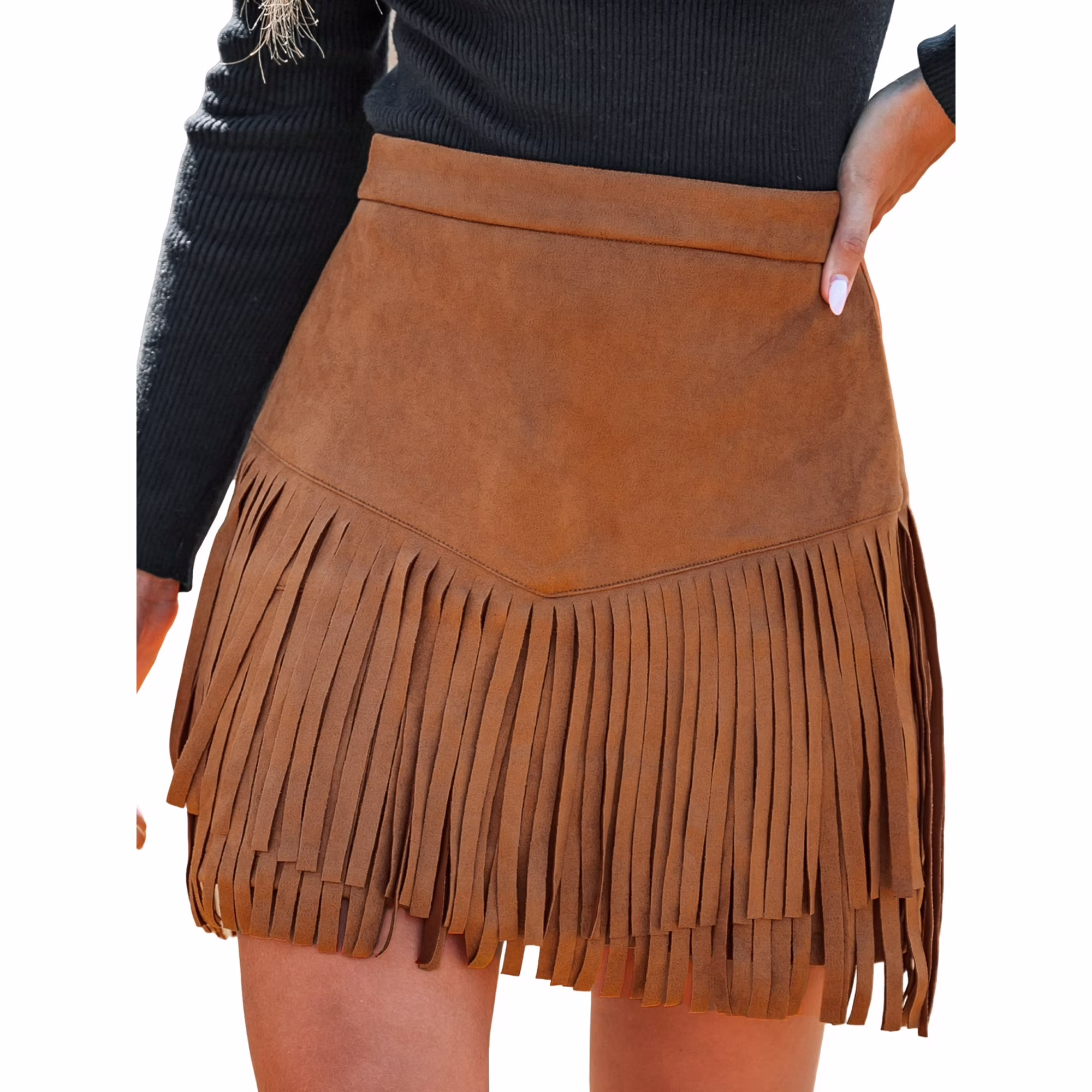 CUPSHE Terra Cotta High Waist Fringe Mini Skirt
