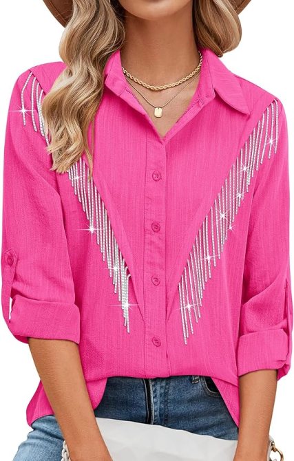 MYMORE Sparkly Fringe Button Down Shirt