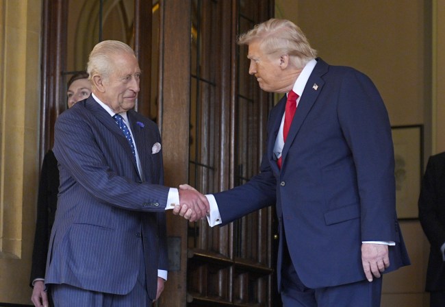 King Charles III (L) bids farewell to US President Donald Trump at Windsor Castle on day three of the President's state visit to the UK on September 18, 2025 in Windsor, England. President Trump is in England from Sept. 16-18 on his second UK state visit, with the previous one taking place in 2019 during his first presidential term. 