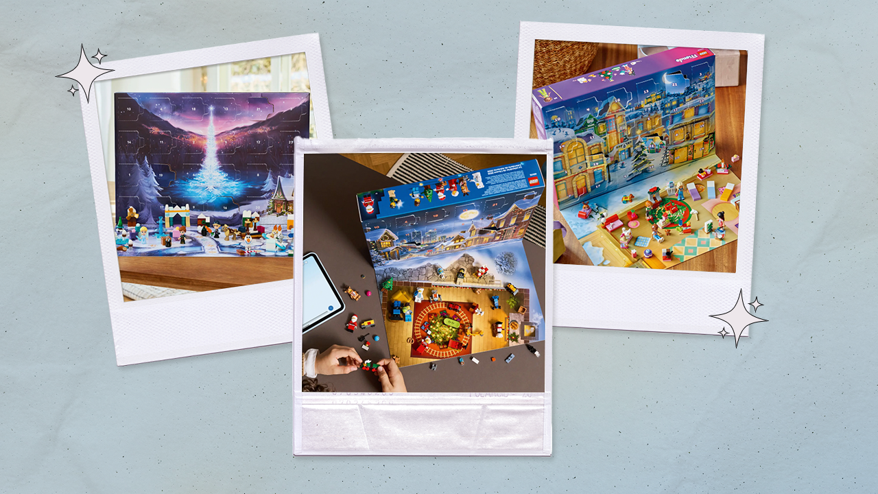 Photos of three different LEGO advent calendars: Frozen, City, and Friends