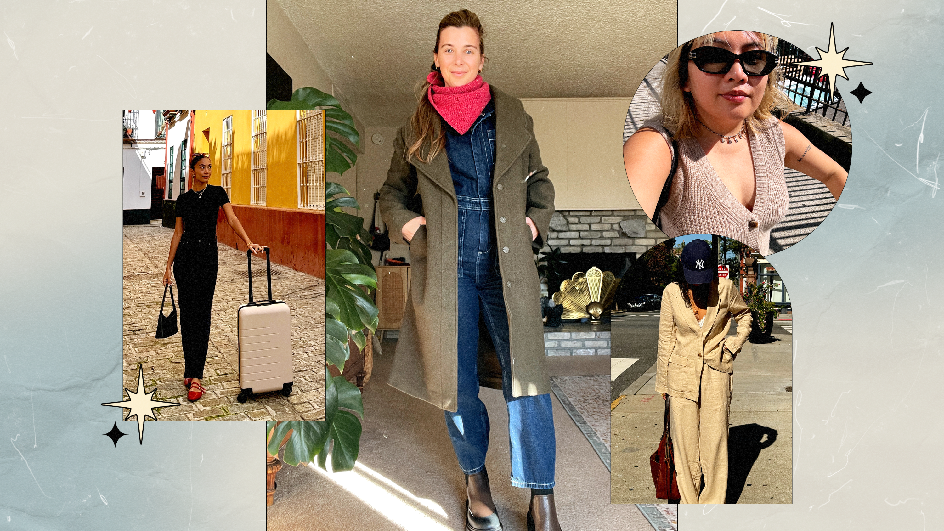 Left to Right: Jenzia standing next to her Quince carry-on suitcase; Jessie wearing an olive green Quince long coat; Lea wearing a beige Quince sweater vest; Kaili wearing a matching linen blazer and pant set from Quince.