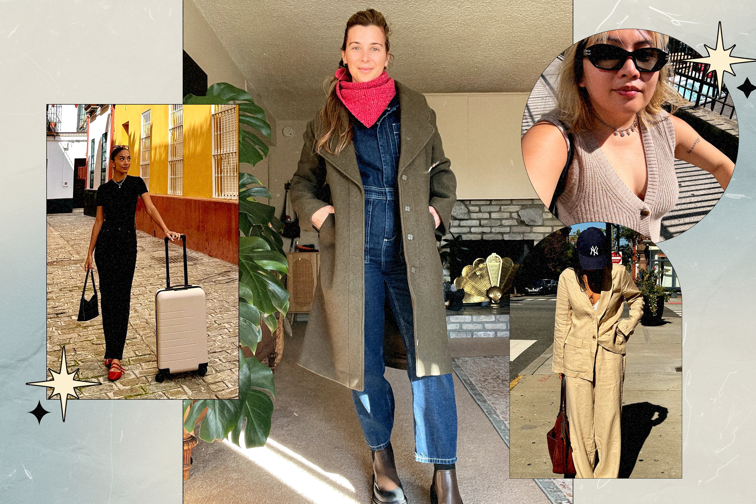 Left to Right: Jenzia standing next to her Quince carry-on suitcase; Jessie wearing an olive green Quince long coat; Lea wearing a beige Quince sweater vest; Kaili wearing a matching linen blazer and pant set from Quince.