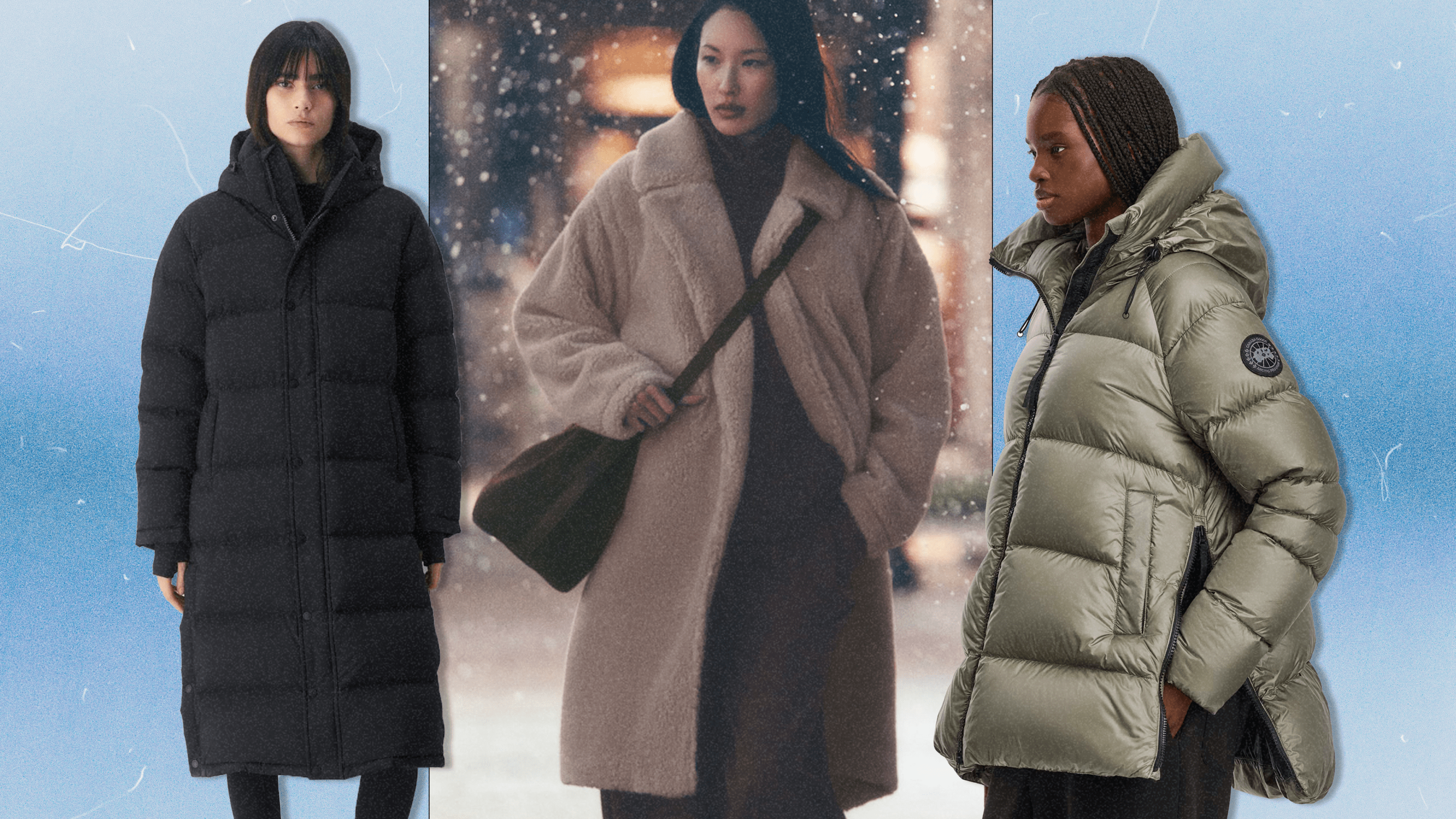 Left to Right: a model wearing a black, long Aritzia puffer coat; a model wearing a light brown, long, sherpa Alo Yoga coat; a model wearing a shiny, olive green, mid-length Canada Goose puffer coat.