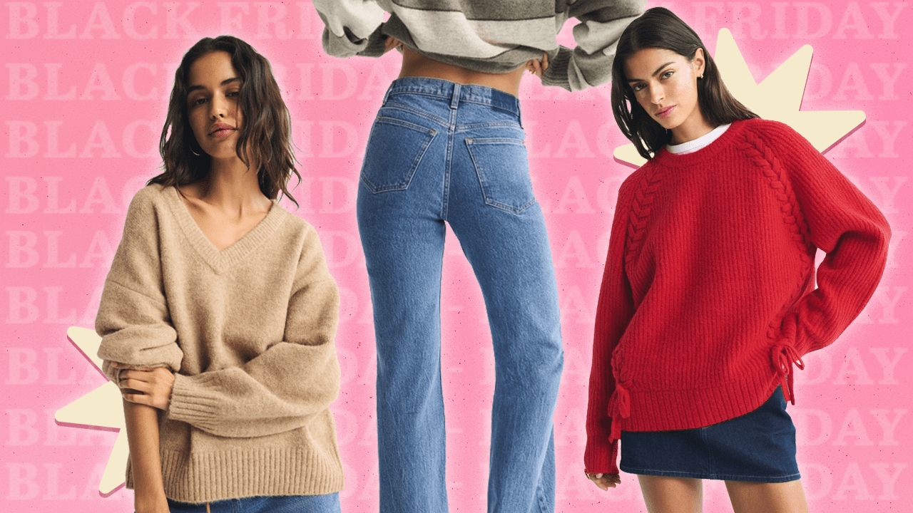 Left to Right: an Abercrombie model wearing a light brown V-neck, long-sleeve sweater, an Abercrombie model wearing a striped green sweater with blue jeans; an Abercrombie model wearing a bright red, long-sleeve sweater with unique stitching and small bows at the end.