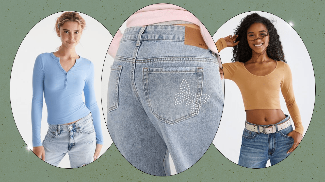 Left to Right: an Aeropostale model wearing a light blue henley long-sleeve shirt; an Aeropostale model wearing jeans with a butterfly embellishment on the back pocket; an Aeropostale model wearing a mustard yellow long-sleeve, cropped top.