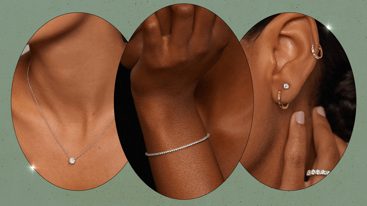 Three images of models wearing jewelry from Brilliant Earth