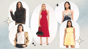 A collage of five images showing Abercrombie models wearing spring and summer clearance items (a brown long-sleeeve sweater, a white sleeveless sweater top, a red midi dress, a navy and white lace cami top, and a yellow mini dress).