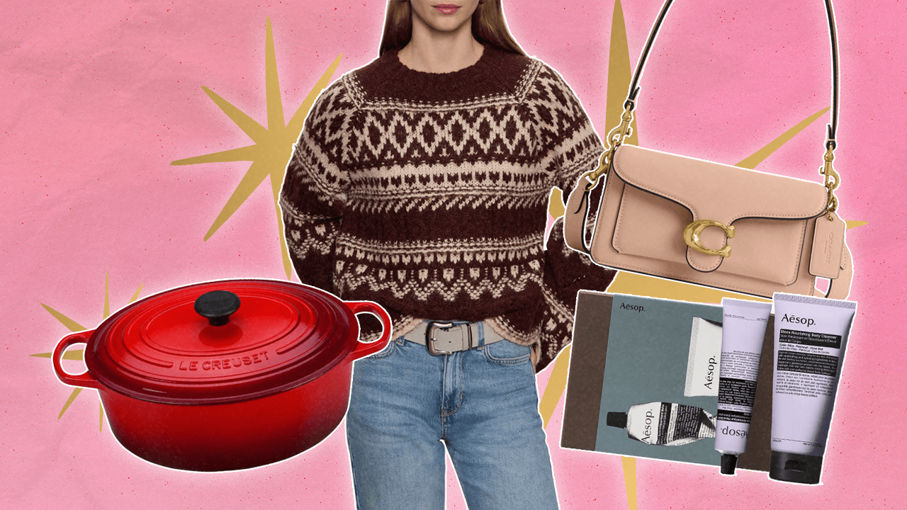 Left to Right: a red Le Creuset Dutch oven; a model wearing a Santuary fair isle sweater; a light pink Coach Tabby shoulder bag; an Aesop gift set