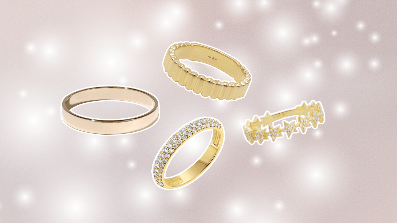 Mauve background with white sparkles and four gold wedding bands.