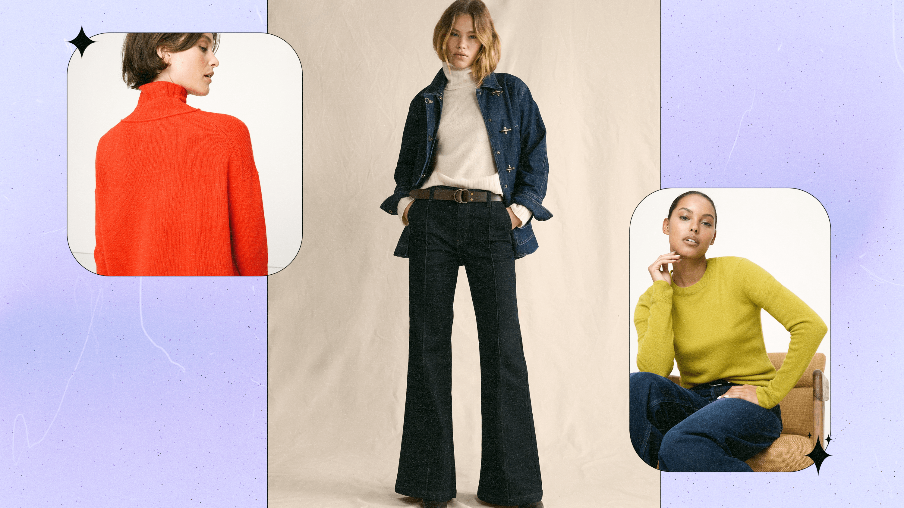 Left to Right: a Banana Republic model wearing a bright red-orange turtleneck sweater; a Banana Republic model wearing a denim jacket, an off-white turtleneck sweater and dark rinse flared jeans; a Banana Republic model wearing a green-yellow sweater and jeans.
