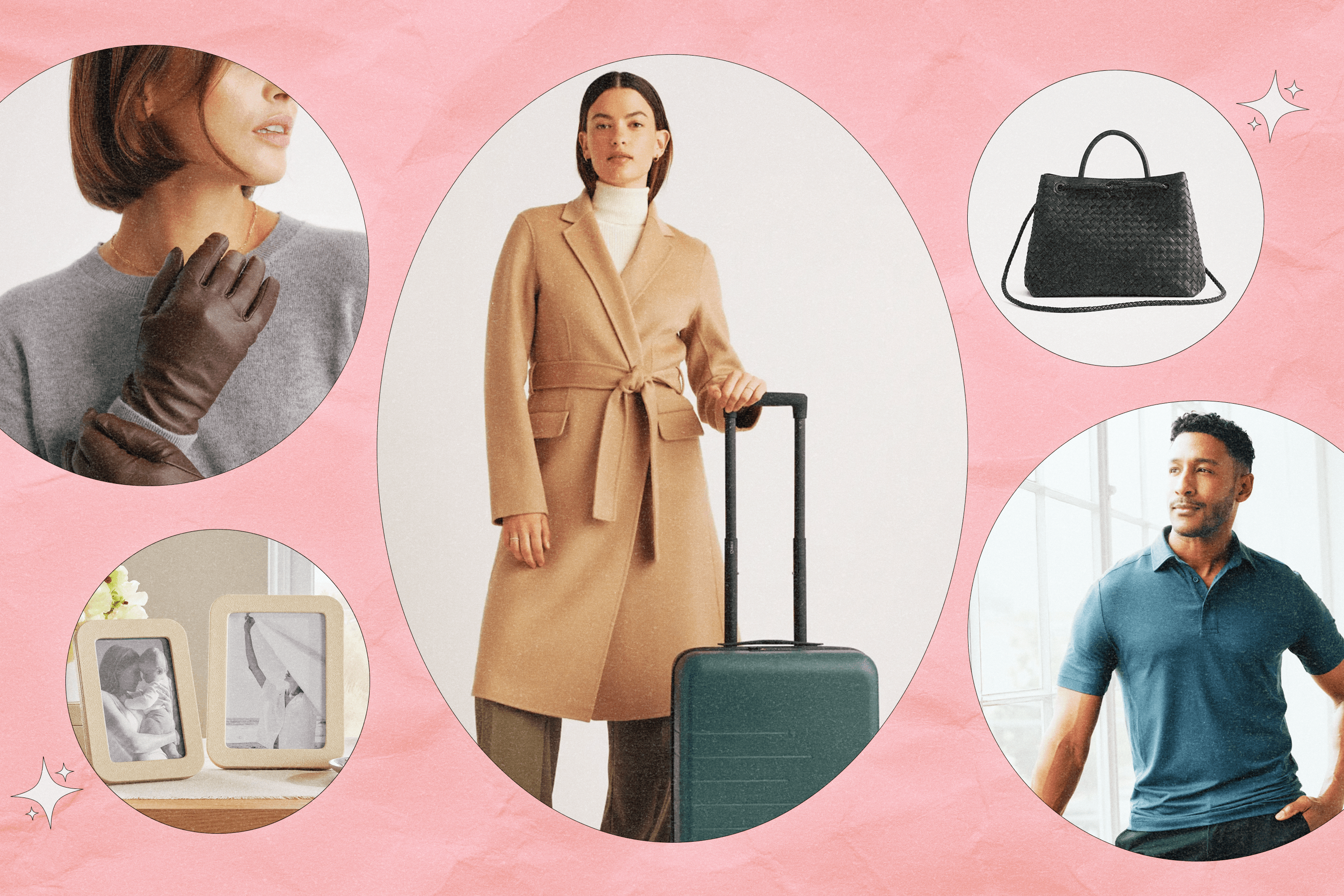 A woman wearing brown Quince leather gloves, two Quince leather picture frames, a woman wearing a Quince coat with a green carry-on suitcase, a black Quince leather satchel bag, a man wearing a blue Quince polo