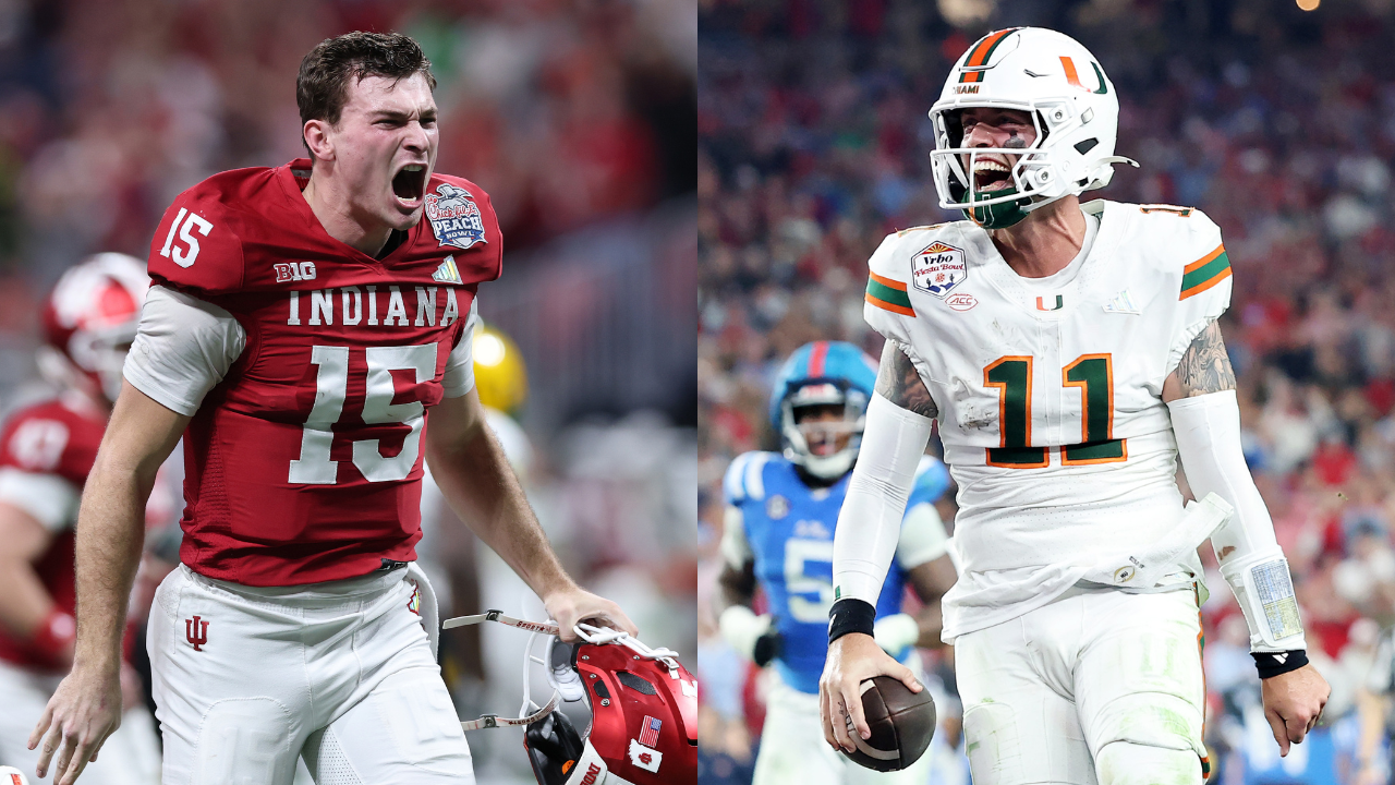 Fernando Mendoza #15 of the Indiana Hoosiers; Carson Beck #11 of the Miami Hurricanes.