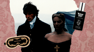 A still of Jacob Elordi and Margot Robbie acting in the Wuthering Heights film (2026), with a Slip x Wuthering Heights black and gold "Kiss Me Again" silk sleeping mask and a TokyoMilk x Wuthering Heights black and white perfume bottle on top