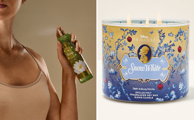 Left: a model spraying a Bath & Body Works Disney Princess Collection Tiana fragrance mist; Right: a Bath & Body Works Disney Princess Collection Snow White candle