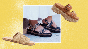 A yellow background with a picture of women's feet wearing leopard strappy sandals, and two additional slip-on sandals overlapping to create a collage.