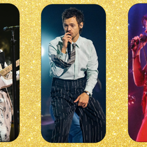 Three images of Harry Styles performing on stage at the 2026 BRIT Awards and his two previous tours